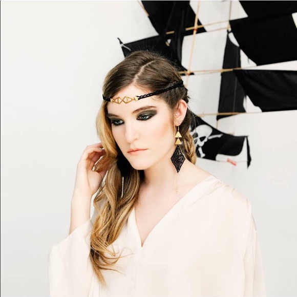 Fast Forward Earrings Black/ Gold Triangle Dangle - Picture 4 of 4